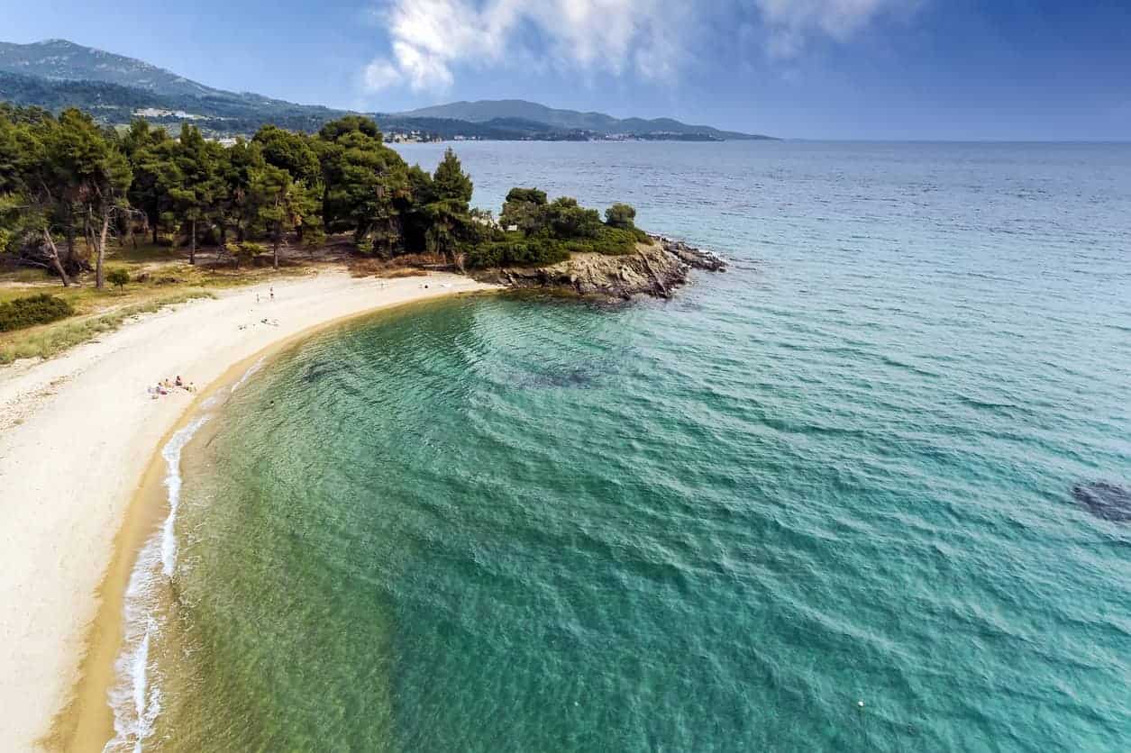 Aerial view of Lagomandra beach on the Sithonia peninsula, in Chalkidiki , Greece